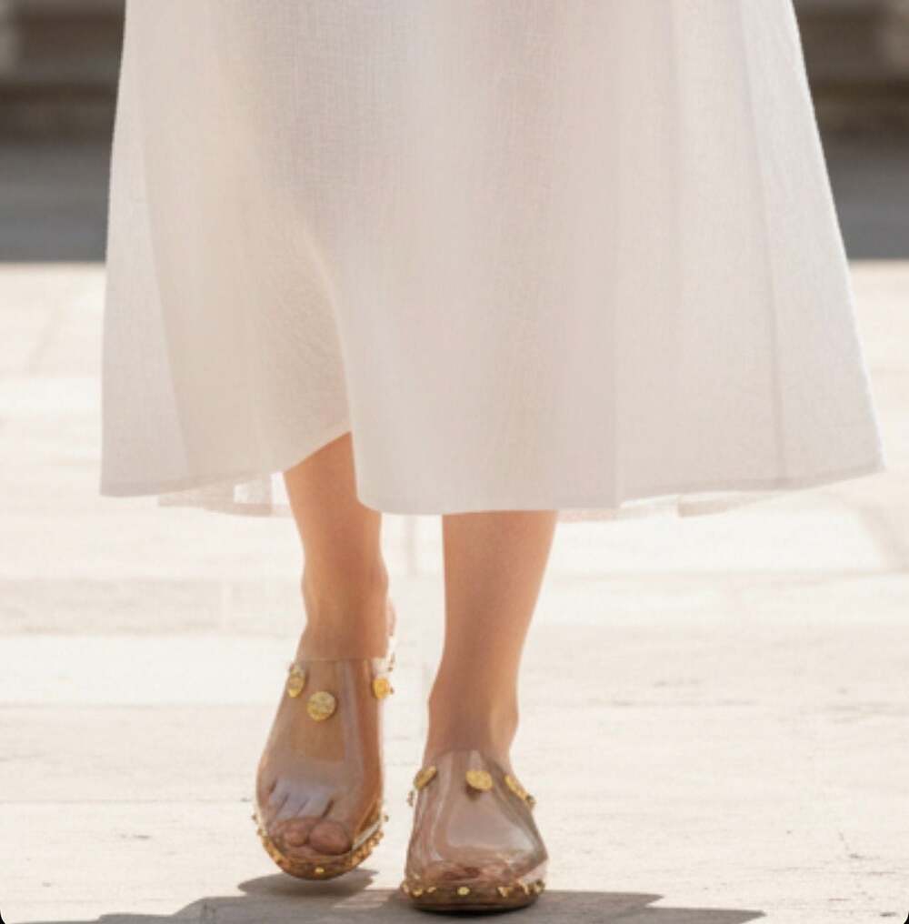 J. Renee Vintage Clear Vinyl and Cork Wedge Slide Sandals with Gold Stud Detail